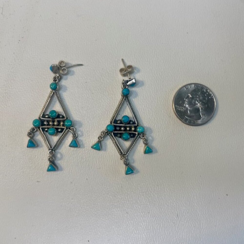 Vintage Mexico TAXCO Sterling Silver And Turquoise Dangle Earrings - Picture 2 of 4